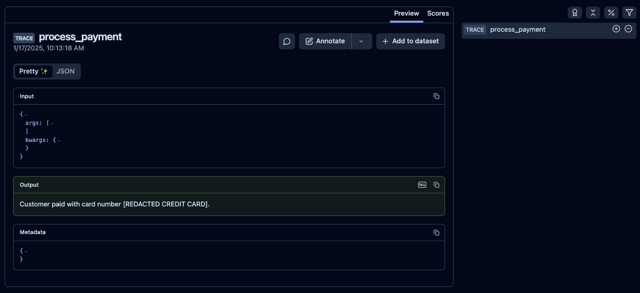 Redacted trace in Langfuse 1